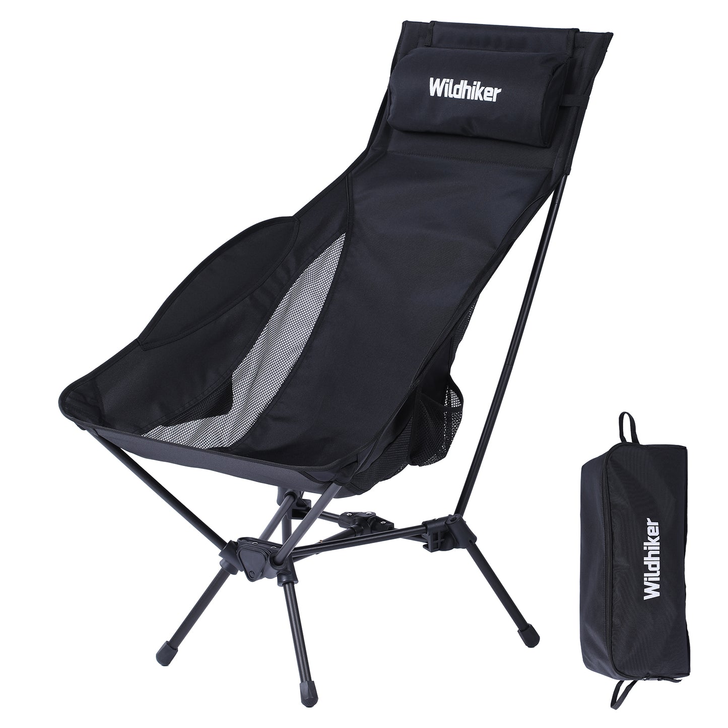 Wildhiker High Back Camping Chair – Portable Folding, Deep Recline with Pillow and Arm Pads – Lightweight Black