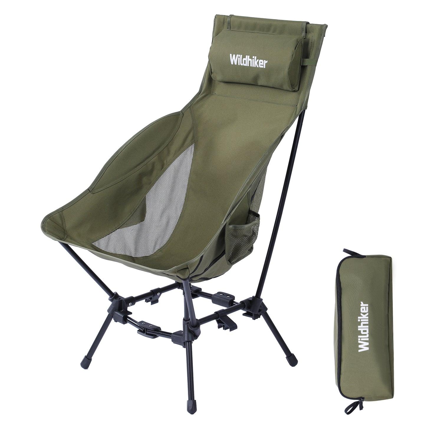 Wildhiker Dual Mode High BacCamping Chair – Portable Folding with Pillow, Arm Pads and Side Pockets – Lightweight Green
