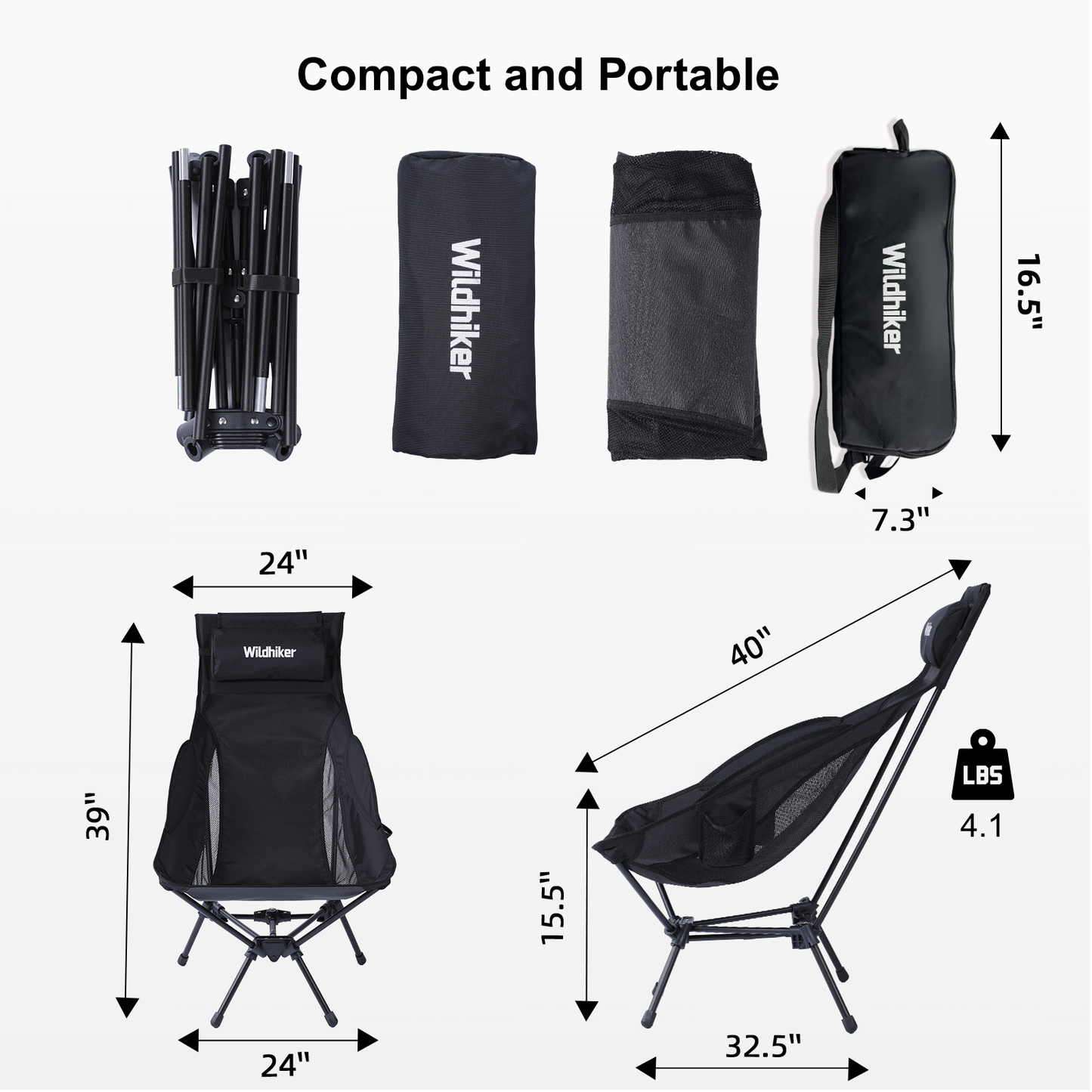 Wildhiker High Back Camping Chair – Portable Folding, Deep Recline with Pillow and Arm Pads – Lightweight Black