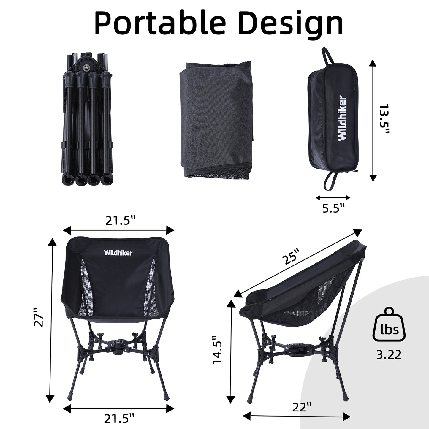 Wildhiker Compact Camping Chair – Portable Folding, Lightweight with Wide Seat and Side Pocket – Easy to Pack for Travel