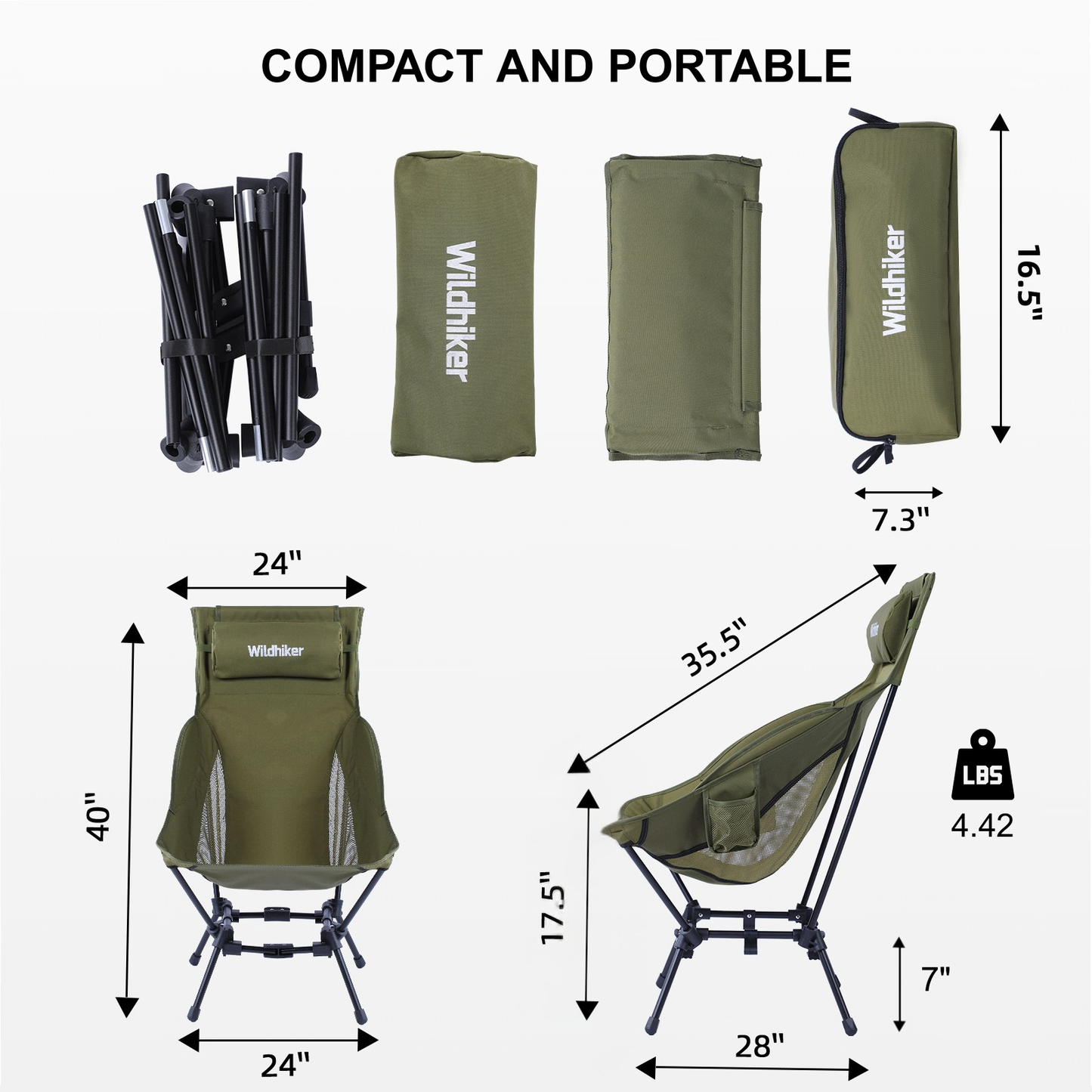 Wildhiker Dual Mode High BacCamping Chair – Portable Folding with Pillow, Arm Pads and Side Pockets – Lightweight Green