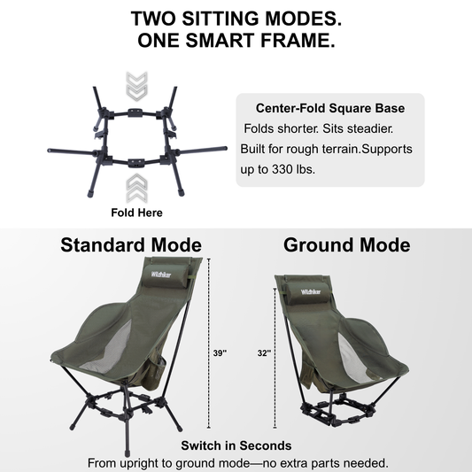Wildhiker Dual Mode High BacCamping Chair – Portable Folding with Pillow, Arm Pads and Side Pockets – Lightweight Green