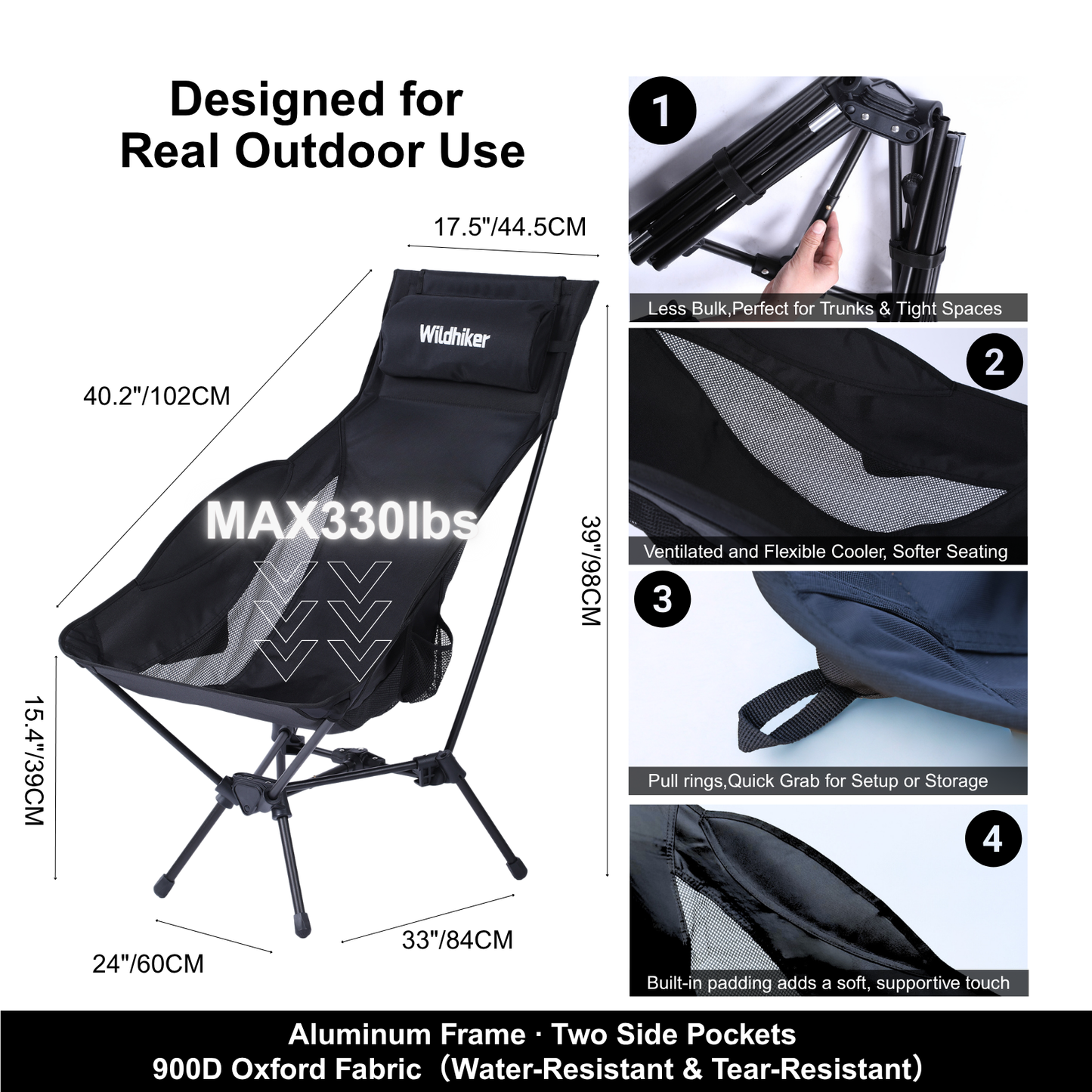 Wildhiker High Back Camping Chair – Portable Folding, Deep Recline with Pillow and Arm Pads – Lightweight Black