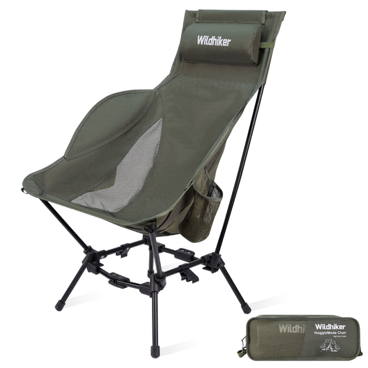 Wildhiker Dual Mode High BacCamping Chair – Portable Folding with Pillow, Arm Pads and Side Pockets – Lightweight Green