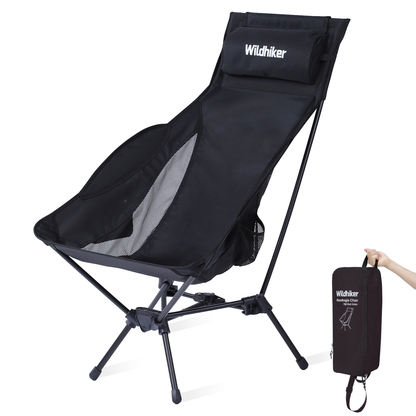 Wildhiker High Back Camping Chair – Portable Folding, Deep Recline with Pillow and Arm Pads – Lightweight Black