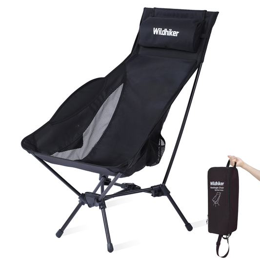 Wildhiker High Back Camping Chair – Portable Folding, Deep Recline with Pillow and Arm Pads – Lightweight Black