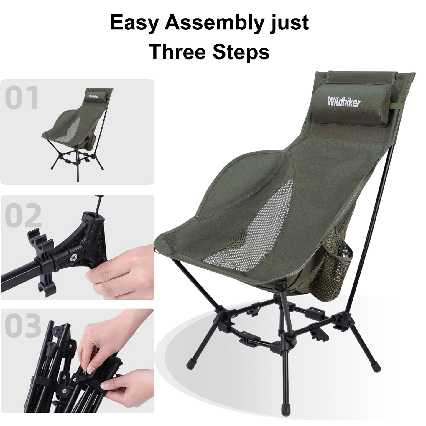 Wildhiker Dual Mode High BacCamping Chair – Portable Folding with Pillow, Arm Pads and Side Pockets – Lightweight Green