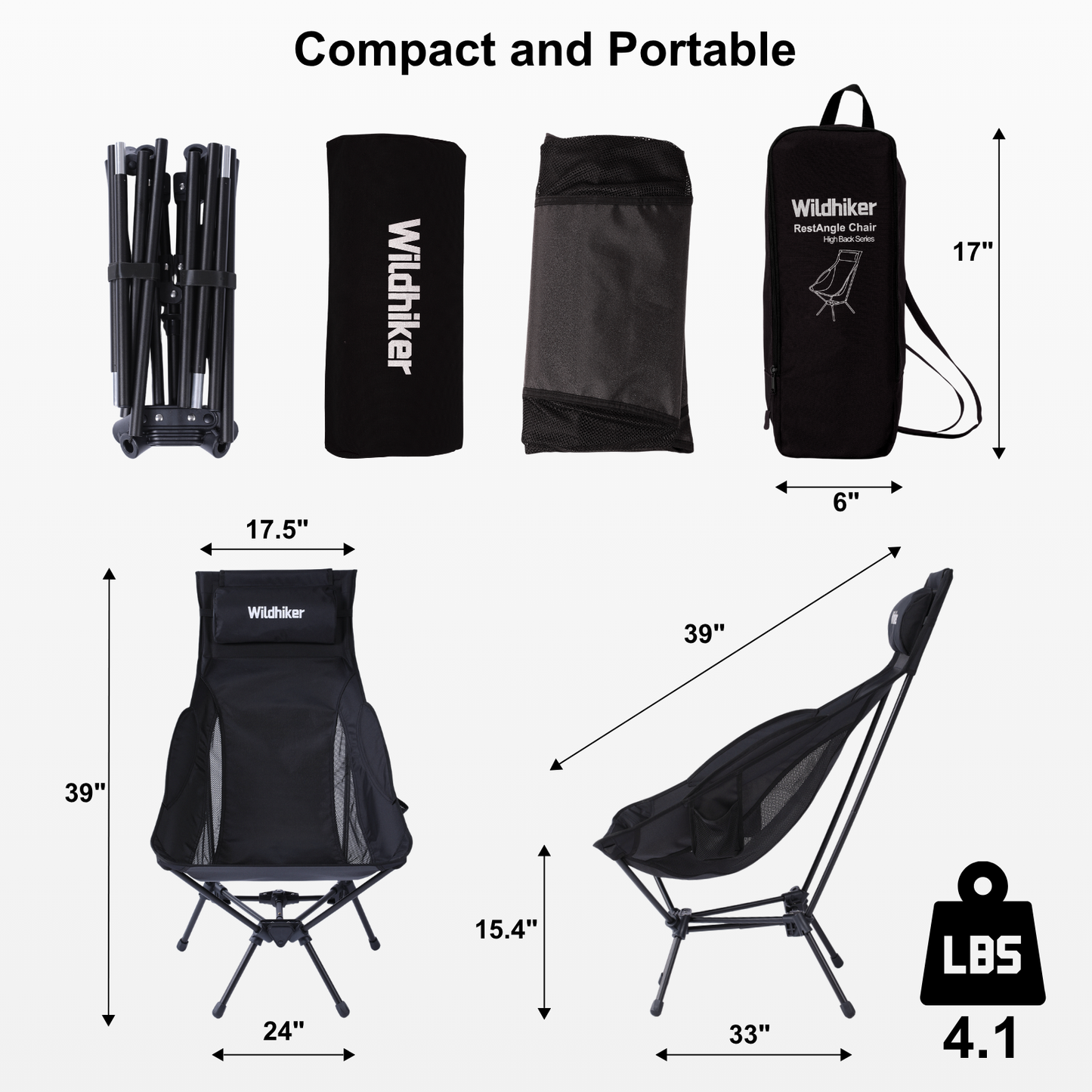 Wildhiker High Back Camping Chair – Portable Folding, Deep Recline with Pillow and Arm Pads – Lightweight Black