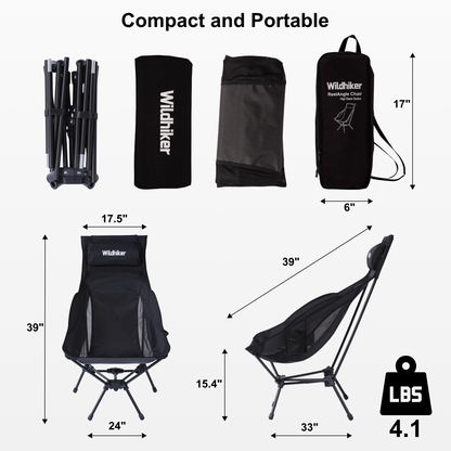 Wildhiker High Back Camping Chair – Portable Folding, Deep Recline with Pillow and Arm Pads – Lightweight Black