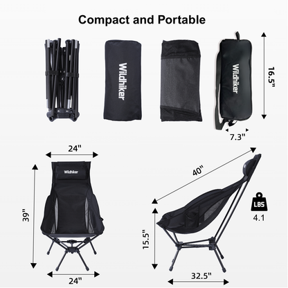 Wildhiker High Back Camping Chair – Portable Folding, Deep Recline with Pillow and Arm Pads – Lightweight Black