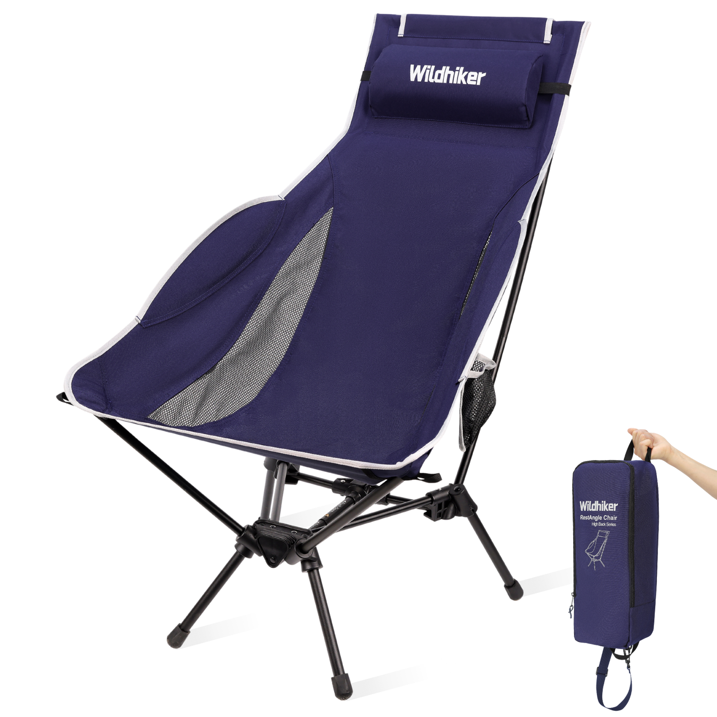 Wildhiker High Back Camping Chair – Portable Folding, Deep Recline with Pillow and Arm Pads – Lightweight Black