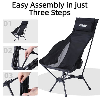 Wildhiker High Back Camping Chair – Portable Folding, Deep Recline with Pillow and Arm Pads – Lightweight Black