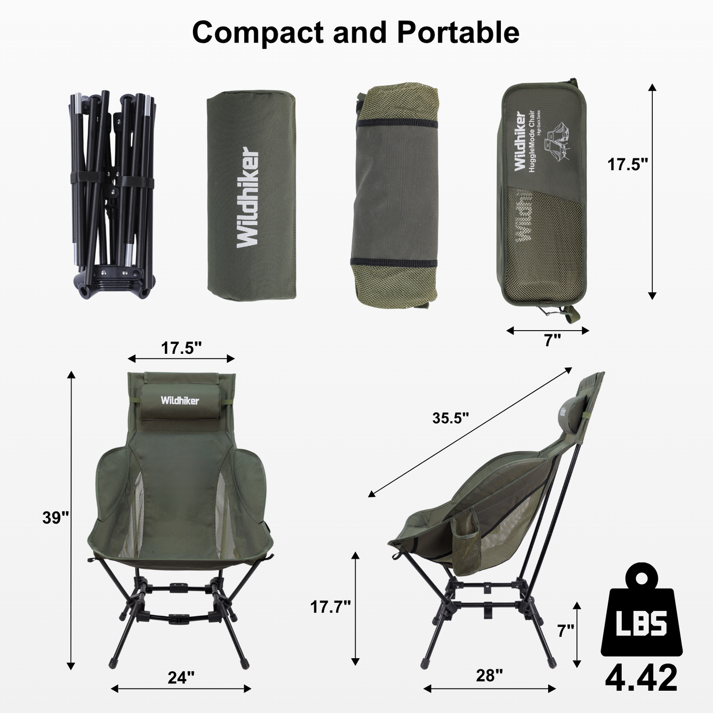 Wildhiker Dual Mode High BacCamping Chair – Portable Folding with Pillow, Arm Pads and Side Pockets – Lightweight Green