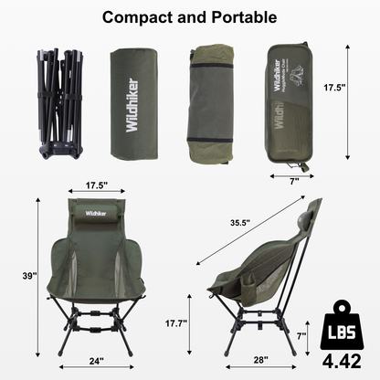 Wildhiker Dual Mode High BacCamping Chair – Portable Folding with Pillow, Arm Pads and Side Pockets – Lightweight Green