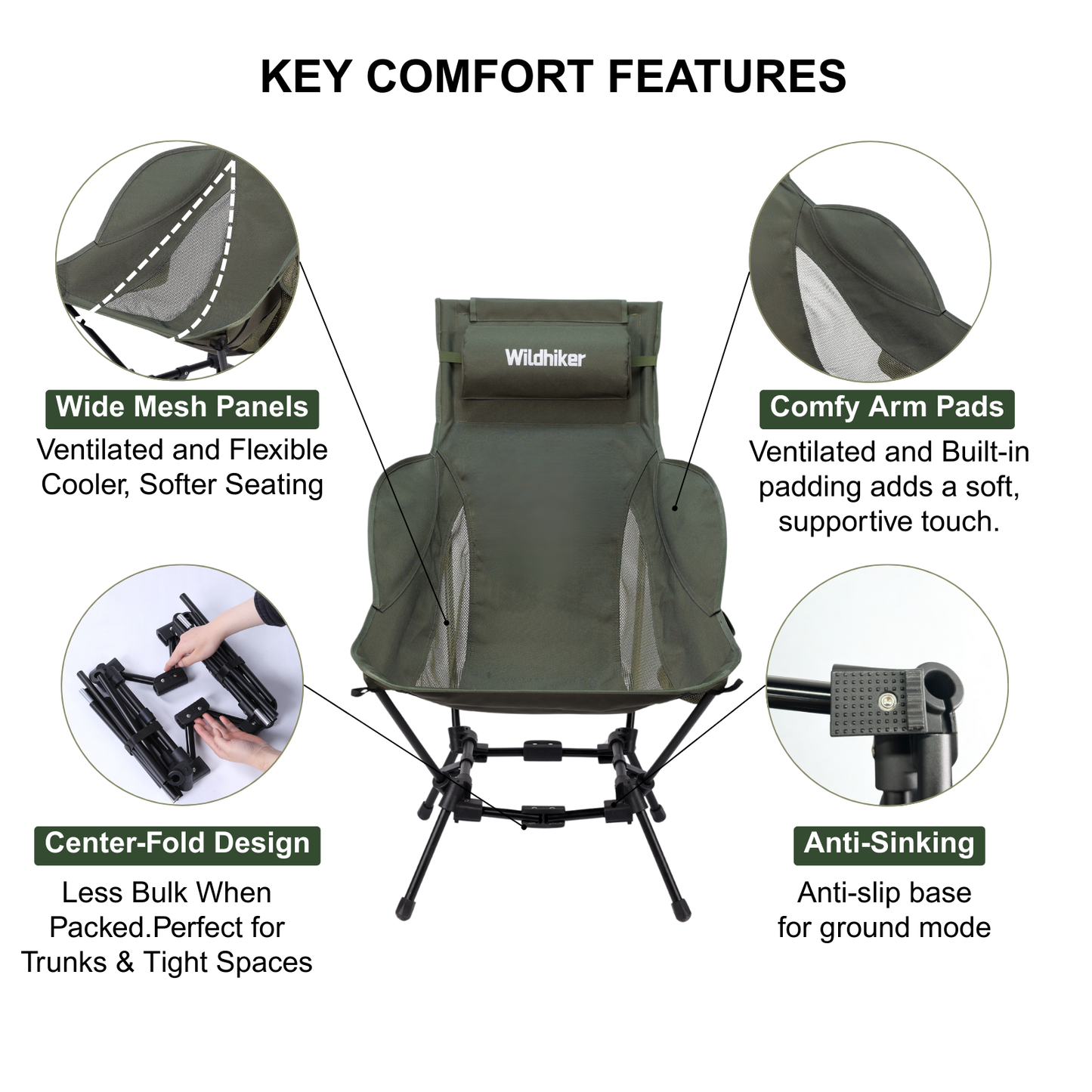 Wildhiker Dual Mode High BacCamping Chair – Portable Folding with Pillow, Arm Pads and Side Pockets – Lightweight Green