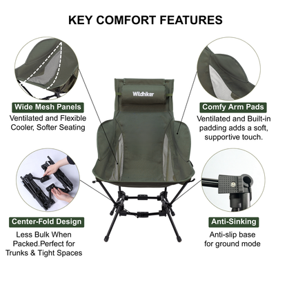 Wildhiker Dual Mode High BacCamping Chair – Portable Folding with Pillow, Arm Pads and Side Pockets – Lightweight Green
